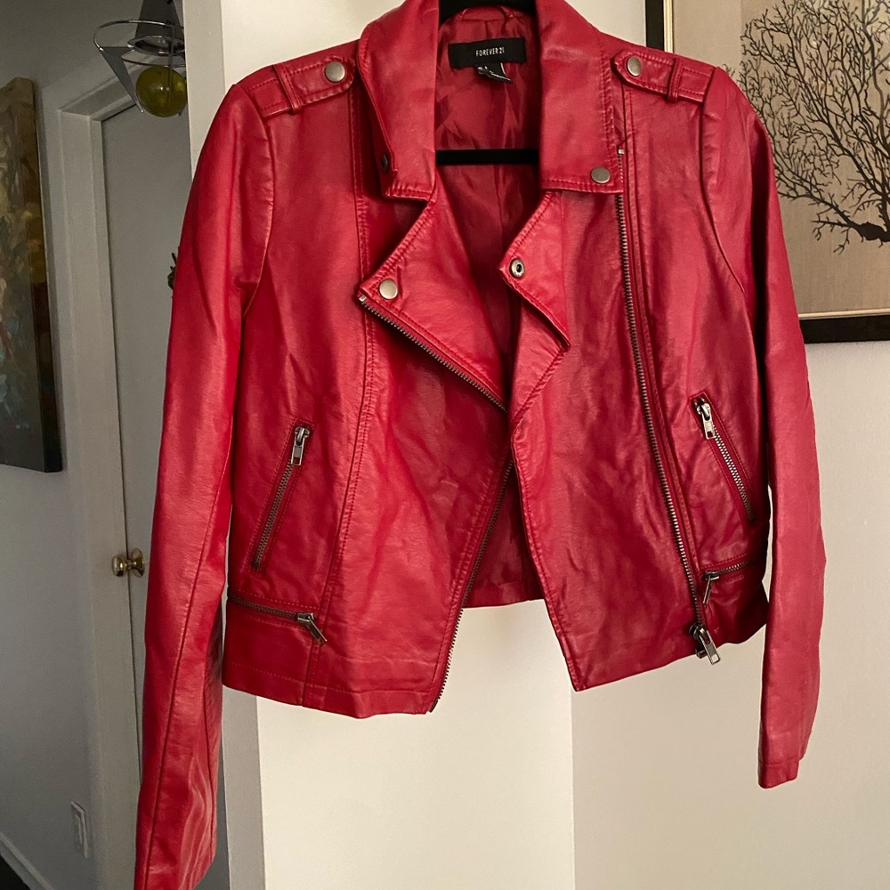 Forever 21 cherry red faux leather bomber jacket size small